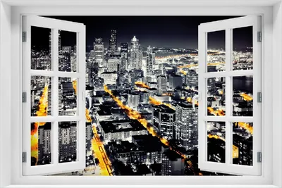 Produktbild von Wallario Poster mit Fenster-Illusion: Großstadt bei Nacht - Seattle in schwarz weiß gelb, Größe: 100 x 150 cm