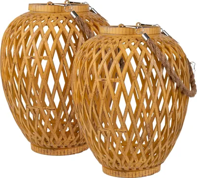 Produktbild von Näve Leuchten 2er-Set Korb-/Solardekoleuchte "CESTO" H: 24cm 2er-Set Korb-/Solardekoleuchte "CESTO" H: 24cm 2er-Set Korb-/Solardekoleuchte "CESTO" H: 24cm, Lampe für den Außenbereich im Asia-Style, aus Kunststoff in natur, 24 cm hoch, Ø 20 cm, LED Platine – mit Druckschalter – Dämmerungssensor