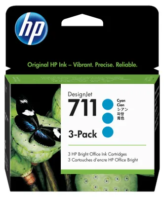 Produktbild von HP 711 3er-Pack Cyan DesignJet Tintenpatronen, 29 ml, HP DesignJet T120 und HP DesignJet T520 ePrinter-Serie, Thermal Inkjet, Cyan, CZ134A, Singapur, Malaysia, 114,8 mm