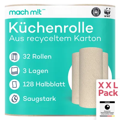 Produktbild von 32 x Küchenrolle 3-lagig - 128 Halbblatt pro Rolle – frei von Bleichmitteln – Germany - aus recyceltem Karton