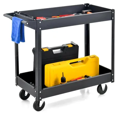 Produktbild von Werkstatt-Rollwagen mit 2 Etagen, Werkzeugwagen mit Handgriff, Metallwerkstattwagen, bis zu 100 kg belastbar, Montagewagen für Zuhause und Garage, 85 x 41 x 79 cm (Schwarz)