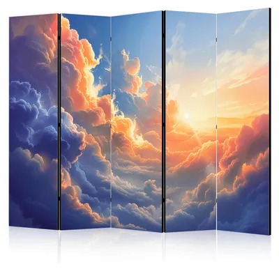 Obrázek produktu pro Paravan s potiskem, 5 dílů, skládací, rozdělovač prostoru, motiv: východ slunce a mraky, rozměry: 225 cm x 172 cm