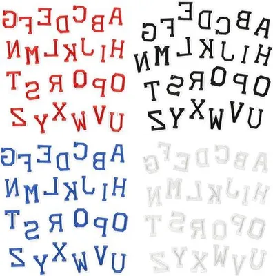 Produktbild von Set aus 104 Strichbuchstaben, 5 cm Großbuchstaben A-Z, Stickereien für Kleidung, Taschen, Hüte und Rucksäcke in Weiß, Schwarz, Rot und Blau