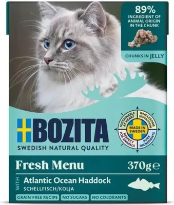Produktbild von Bozita Häppchen in Gelee mit Schellfisch, Adult, jede Rasse, Fisch, 370 g, Getreidefrei, Ohne Soja