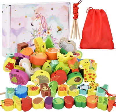 Produktbild von Montessori Spielzeug ab 2 Jahre, 42 Stück Holzperlen zum Auffädeln, Pädagogisches Holzspielzeug - Tiere, Obst, Gemüse - 1-4 Jährige Kinder