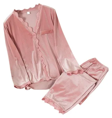 Produktbild von Pyjama für Damen – Weiche Baumwollmischung – Lange Ärmel – V-Ausschnitt – Zweiteiliges Set – Atmungsaktiv – Maschinenwaschbar – Schlafanzug