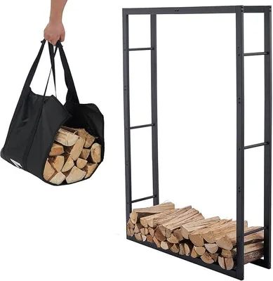 Produktbild von Kaminholzregal + Tragetasche - Innen & Außen - Feuerholzregal - Kaminholzständer - Brennholzregal - Schwarz - Metall (100x25x148cm)