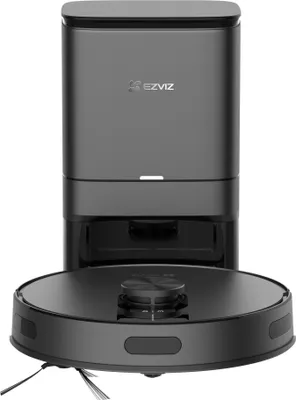 A robot vacuum cleaner and its charging/emptying station are shown against a white background.