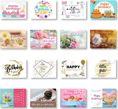 Produktbild von Domelo Geburtstagskarten 16er Set mit Umschlag, Happy Birthday Postkarten, Kraftpapier Karten zum Geburtstag, Geburtstagskarte für Mann/ Frau/ Kinder, Postkarte als Grußkarten