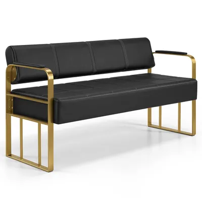 Produktbild von 3-Sitzer Sitzbank mit goldenen Armlehne, Polsterbank mit Rückenlehne 144cm, Wartebank , Wohnzimmerbank, W528 (Schwarz-Gold/Kunstleder)