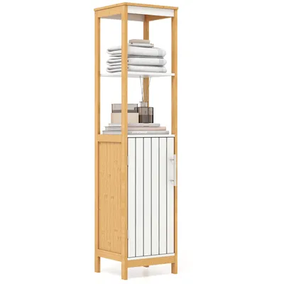 Produktbild von GOPLUS Badezimmerschrank, Hochschrank mit verstellbarem Regal & Lamellentür, Badschrank schmal, freistehender Beistellschrank für Wohnzimmer, Badezimmer & Küche aus natürlichem Bambus