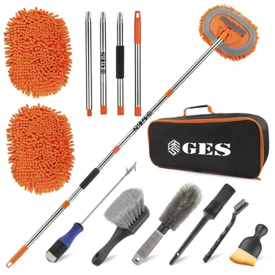 Productafbeelding van Autowasmop met lange telescopische steel, 2-in-1 set met microvezel-reinigingsdoekjes van chenille, oranje