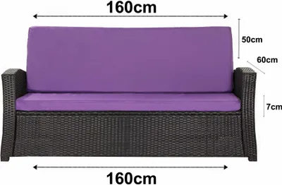 A front view of a purple and black outdoor sofa cushion set with dimensions indicated.