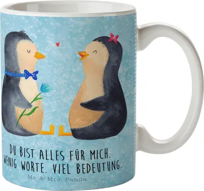 Produktbild von Mr. & Mrs. Panda Kaffeetasse Pinguin Pärchen - Eisblau - Geschenk, Jahrestag, Hochzeitsgeschenk, Becher, Hochzeitstag, haferl, Tasse, Henkelpott, Hochzeit, Teetasse