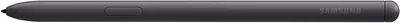 A close-up, side view of a black stylus pen.
