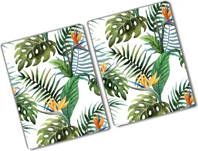 Produktbild von Tulup Glas Herdabdeckplatte - 2x40x52 cm - Glaskeramikkochfeld-Abdeckung Spritzschutz Glasabdeckplatte Kochplattenabdeckung und Schneidebrett - Zweiteilig - Blumen & Pflanzen - Tropische Blumen - Grün