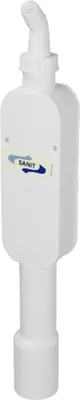 A white plastic plumbing fixture with a logo and text on it.