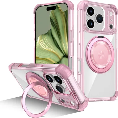 Produktbild von Handyhülle für iPhone 17 Pro Magnetisches Ringhalter Ständer Kompatibel mit Magsafe Militärschutz Transparente Hülle Pink