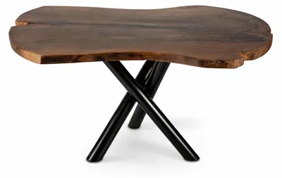 Image de Table en noyer à la forme unique, avec un piètement en métal noir