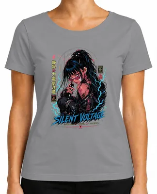 Zdjęcie produktu dla Koszulka damska "Silent Voltage", cyberpunkowy motyw, anime, japońska grafika, styl Y2K, manga, dla fanów anime, kolor: szary, rozmiar: L