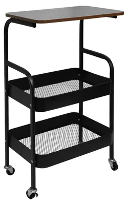 Image de Chariot de service pour cuisine - 3 niveaux avec roulettes - Structure métallique avec étagères en bois - Idéal pour la cuisine, la salle de bain ou le salon - Noir