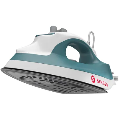 A studio shot of a Singer steam iron against a white background.