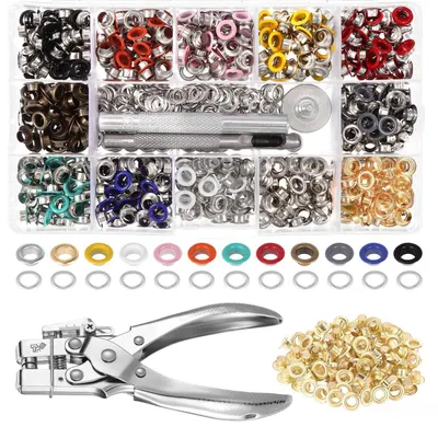 Image de Kit de passants comprenant 700 passants (diamètre 5 mm), disponibles en 13 couleurs, ainsi qu'une pince à œillets avec rondelles, pour tissus et cuir