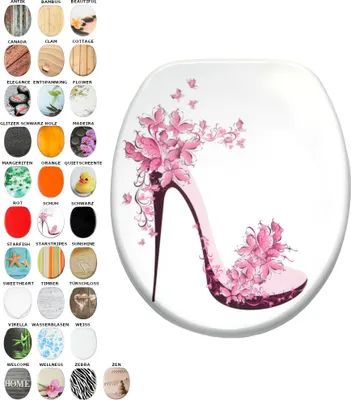 A collage of toilet seat designs, with a large image of a high-heeled shoe decorated with pink flowers and butterflies in the center.