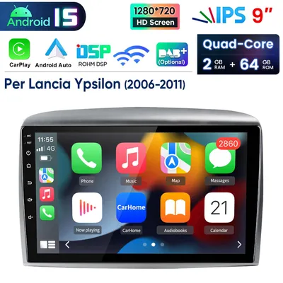Immagine prodotto di Autoradio 9 pollici con Android 15 e CarPlay per Lancia Ypsilon 2006-2011, GPS Navi, WiFi, Bluetooth, DAB+, SWC , USB, DSP, 2+64G