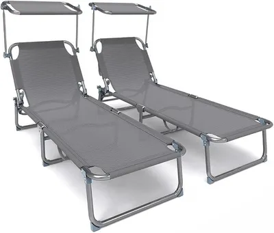 Produktbild von 2er Set Sonnenliege Klappbar, Gartenliege Strandliege mit Sonnenschutz und Verstellbarer Rückenlehne, Liegestuhl für Garten, Pool, Terrasse, Grau