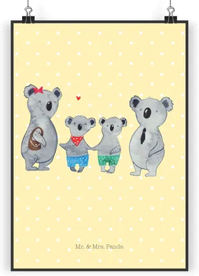 Produktbild von Mr. & Mrs. Panda Bild Koala Familie zwei DIN A4 - Gelb Pastell - Geschenk, wanddeko, Wandbild, Muttertag, Koalabär, Zusammen, Posterdruck, drucke