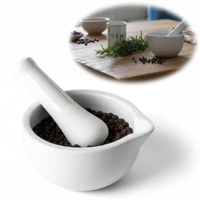 Produktbild von LS-LebenStil Keramik Mörser mit Stößel Weiß Ø 12cm kleiner Gewürzmörser Zerkleinerer Kräuter-Mühle ideal für Gewürze, Kräuter, Tabletten, Medikamente