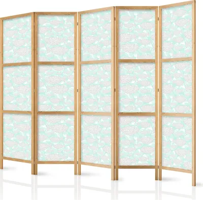 Produktbild von 5-teiliger Einseitiger Vlies Japanischer Paravent - Minimalist Fish - Fishes From Grey Dots Against a Crystal Sheet of Water in Mint Green Colors 225x172 cm Tiere g-C-10151-bh-b