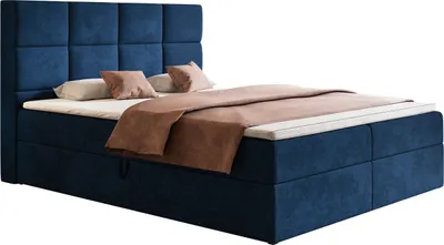 Produktbild von Boxspringbett 180x200 cm Solo - Bett mit Zwei Bettkästen - Matratze & Topper inklusive - Samtstoff (Blau - Kronos 09)