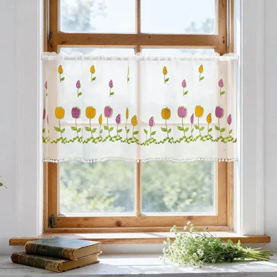 Obrázek produktu pro Závěsy do kuchyně, krátké, bistro závěsy, závěsy s květinovým vzorem, krátké závěsy s oky, délka 60 cm, krátké, poloprůhledné závěsy