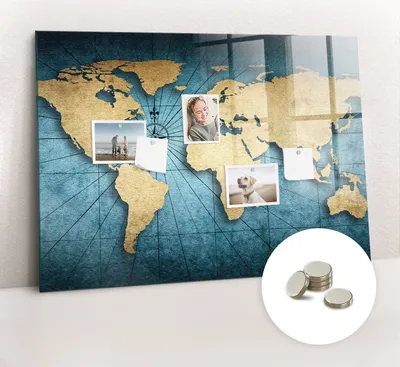 Obrázok produktu pre Magnetická tabuľa na stenu - Memo Tabuľa Sklenená - vrátane 5 magnetov - 100x70 cm - 3D mapa sveta