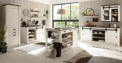 Produktbild von Küche mit Kochinsel "Stove" in weiß Pinie Küchenschrank Set 7-teilig