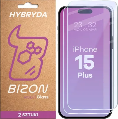 Produktbild von 2x Flexibles Hybridglas für iPhone 15 Plus, Bizon Glass Mule Duo