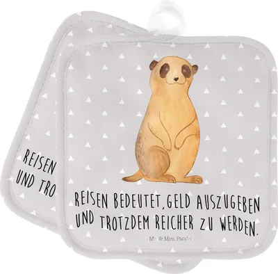 Produktbild von Mr. & Mrs. Panda Topfuntersetzer Erdmännchen - Grau Pastell - Geschenk, Roadtrip, Topflappen Set, Traveling, Ofenlappen, Afrika, Reisen, Kochlappen, topfhalter, Spruch