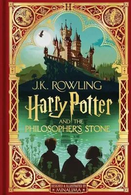 The cover of the book 'Harry Potter and the Philosopher's Stone' designed and illustrated by MinaLima, featuring Hogwarts castle and three silhouetted figures.
