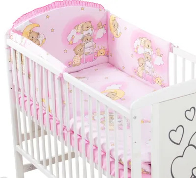 Image de Parure de lit bébé complète 6 pièces pour lit de taille 60x120 en 100% coton rose - ourson sur échelle