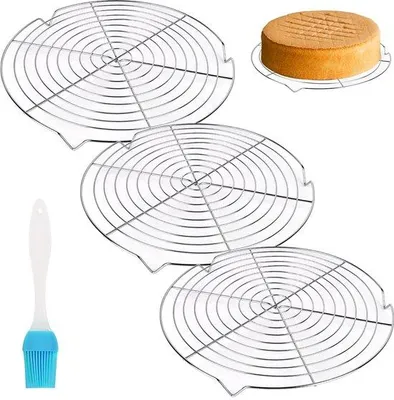 Produktbild von Ibenzoa® Abkühlgitter-Set 3x – runde Edelstahl Backgitter Ø 32,5 cm, 3-Fuß-Design, bis 200 °C, spülmaschinenfest, inkl. Silikonpinsel