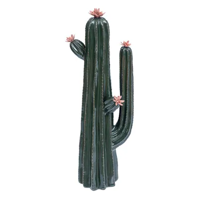 A decorative ceramic cactus with pink flowers, presented against a white background.