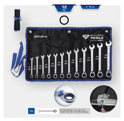 Zdjęcie produktu dla BRILLIANT TOOLS Zestaw kluczy oczkowych z grzechotką 12 szt. dwustronny 8 - 19 mm - BT013212