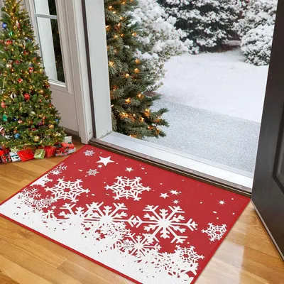 Produktbild von Weihnachts-Fu?matte 40 ¡Á 80 cm, Waschbare Tš¹rmatte mit Rutschfester Gummirš¹ckseite, 1900 GSM Polyester, Schneeflocken-Karo ?Merry Christmas¡°, Innen & Au?en, Rot