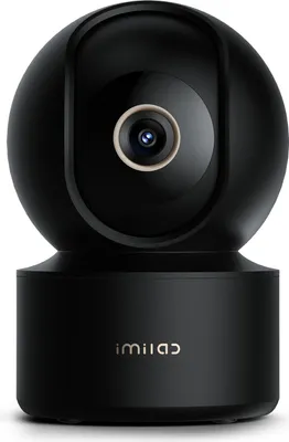 A black indoor security camera with a rotating head and a circular lens.