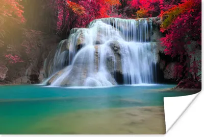 Produktbild von MuchoWow® Poster Wasserfall - Bäume - Rot - Landschaft - Natur 180x120 cm - Fotoplakat