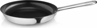 A stainless steel frying pan with a black interior is shown against a white background.