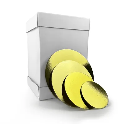 Produktbild von Miss Bakery’s House Tortenkarton - 30x30x45 cm mit Cake Board Set 2 mm - Ø 15 + 20 + 25 + 30 cm (4er Set) - doppelseitig (Silber&Gold) - Hohe Box