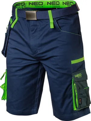 A pair of navy blue work shorts with green accents and multiple pockets, displayed against a white background.
